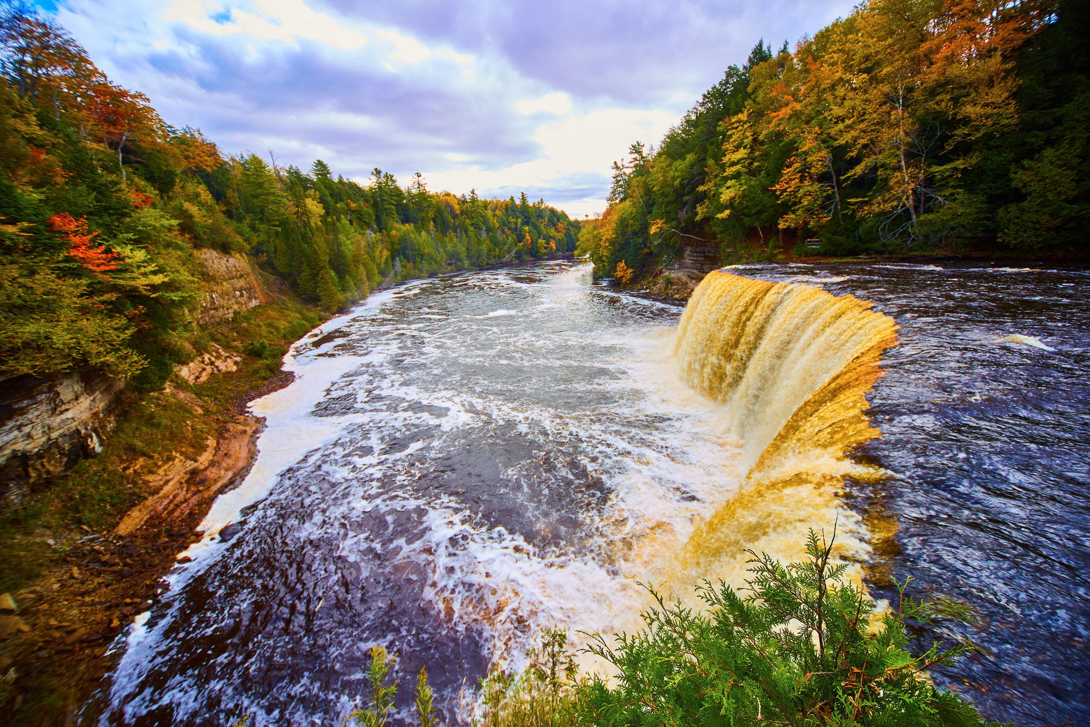 Tahquamenon Falls Waterfall with Large Basin, White Flowing Rive